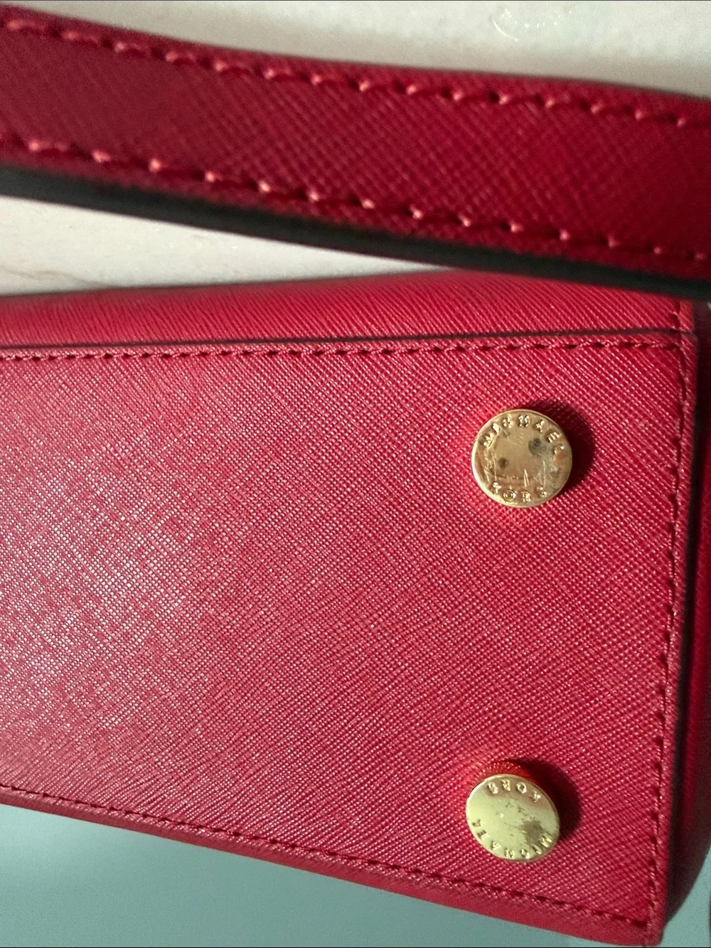 Michael Kors Cherry Red Saffiano Satchel with Gold Hardware